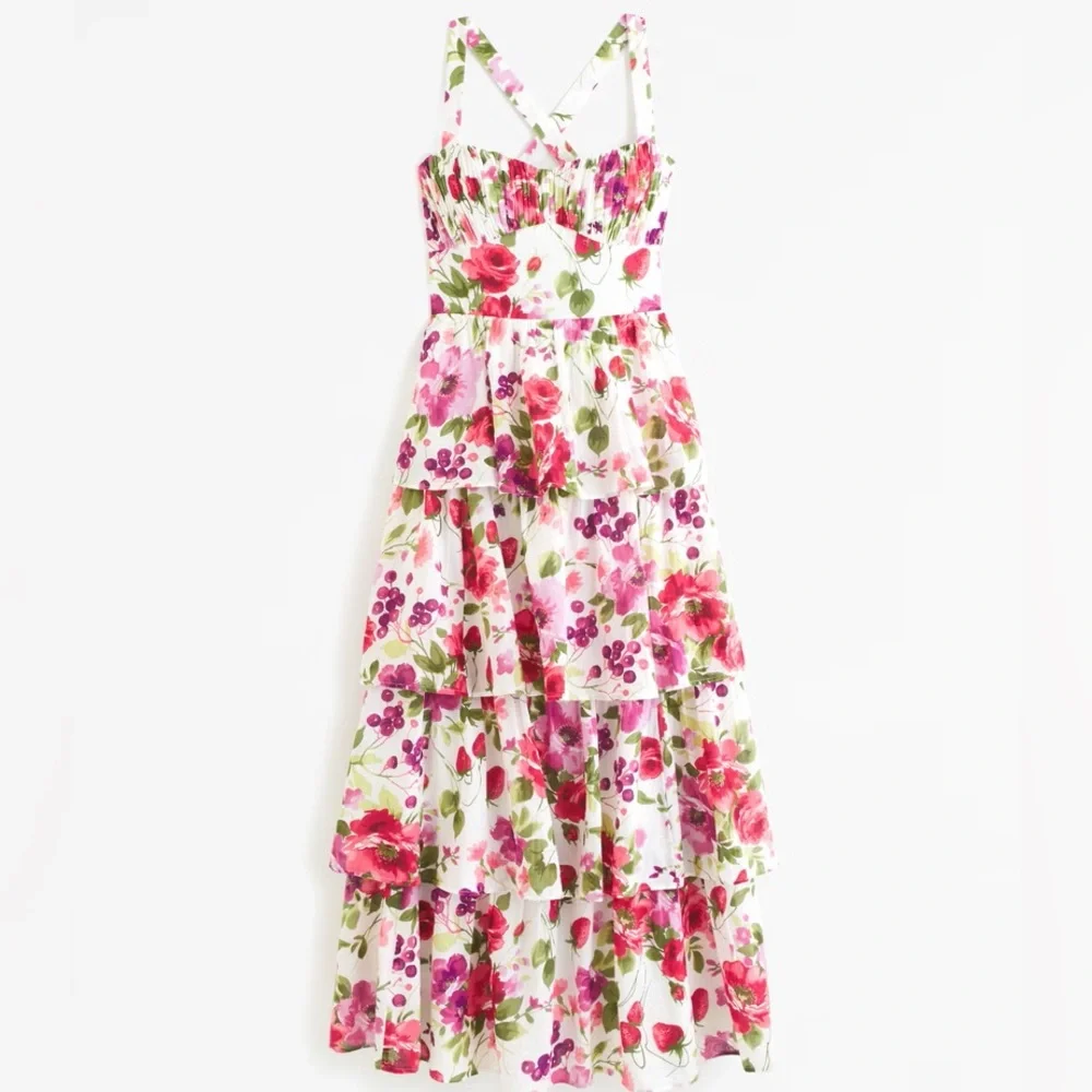 Abercrombie & Fitch Women’s Lace-Up Back Tiered Maxi Floral Dress 100% cotton